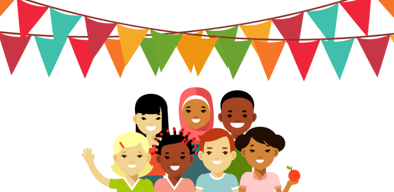 The image is a colorful graphic design. Across the top of the image is a row of triangular pennant flags in colors of red, teal, orange, and green. Below the flags, bold teal text in the center reads "Immigrant & Refugee Student Success Plan" with "Community Engagement" directly underneath. At the bottom is an image of a diverse group of smiling people with different skin tones and attire