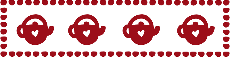 Row of red teapots with heart designs and a semicircle border