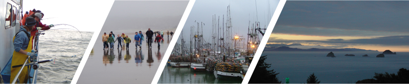 multiple images of Oregon's coast, featuring boats, fishing, and people walking on Oregon beach shores.