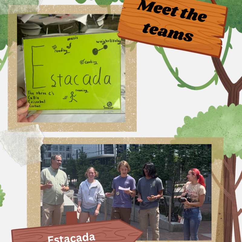 Collage of images of the Estacada team: one is a green sign the team decorated and the other is a group photo of them working on their team cheer.