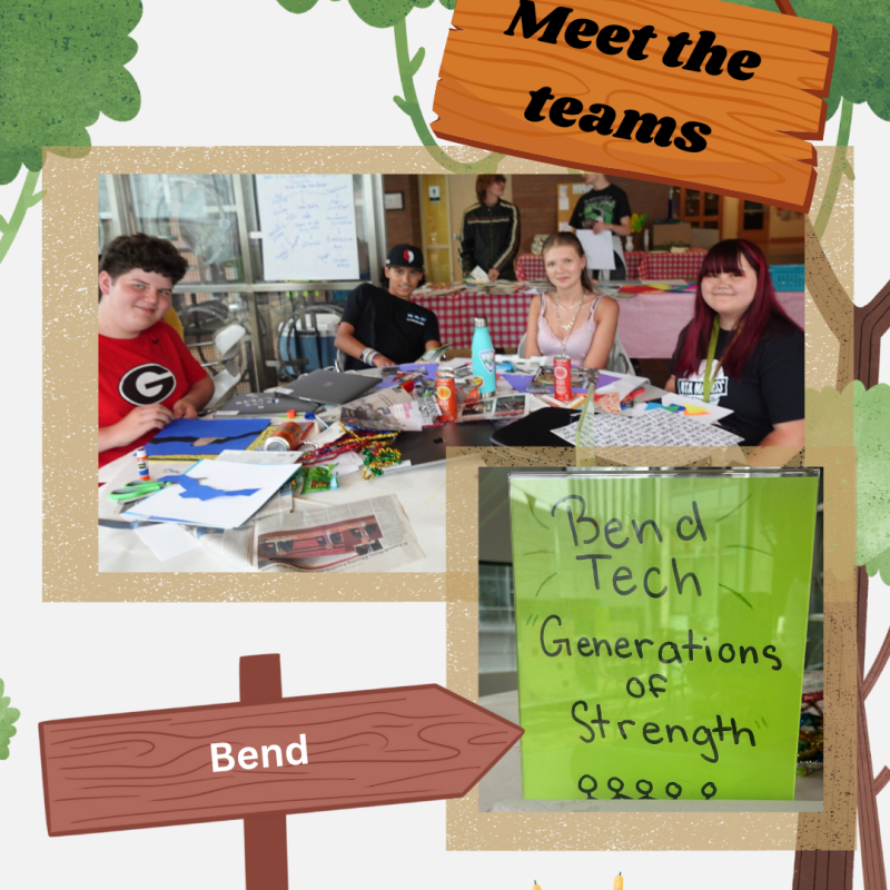 Collage of images for Bend Tech, including a group photo of the team members sitting around a table and looking at the camera as well as the Bend Tech sign.
