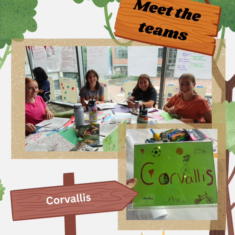 Collage of images of the Corvallis team. Top image is the Corvallis sitting around a table together, bottom is a photo of the Corvallis team sign.