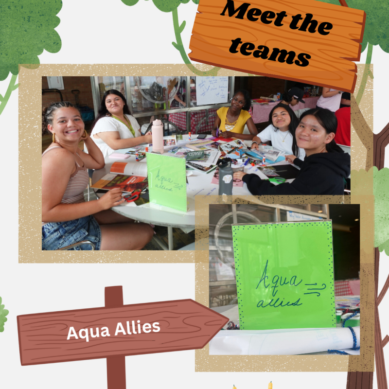Collage of images for the Aqua Allies team, including a group photo of the team members sitting around a table and looking at the camera as well as the Aqua Allies team sign.