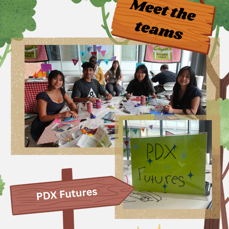 Collage of images of the PDX Futures team, including a group photo of the whole team, sitting around a table and looking at the camera. There is also a photo of the PDX Futures team sign.
