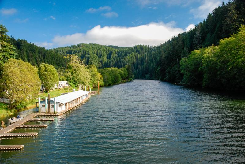 A dock along the Alsea River near Westwood Village, Lincoln County. By Gary Halvorson, Oregon State Archives 2010-07-29