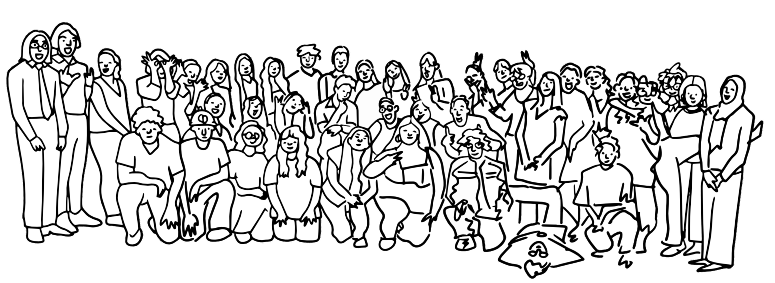 Outlines of a group photo of the Hatfield Futures 2025 group from the zine.