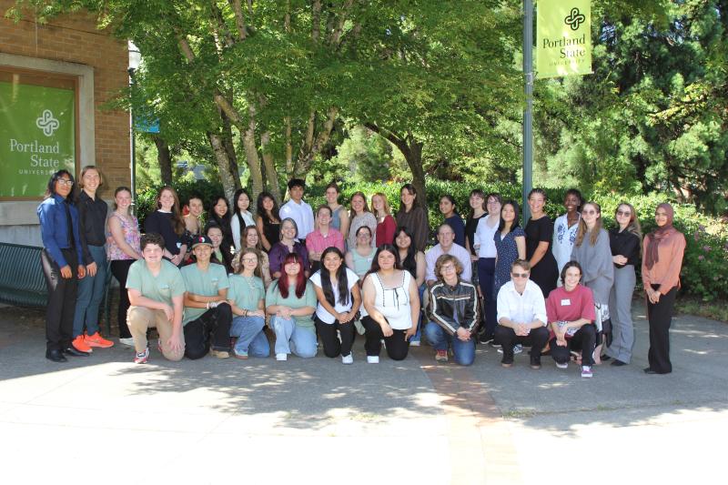 group photo of the students, counselors, OKT staff, and guides of Hatfield Futures 2025, in front of Hoffman Hall