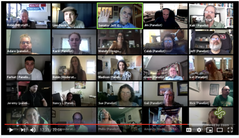 A grid of 20 participants in a Zoom meeting, each in separate sections with names and roles displayed.