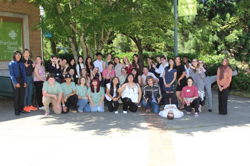 a silly group photo of the students, counselors, OKT staff, and guides of Hatfield Futures 2025, in front of Hoffman Hall